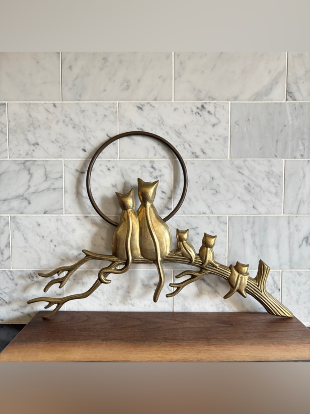 Vintage Brass Cat Family Wall Hanging | Mid-Century Decor
